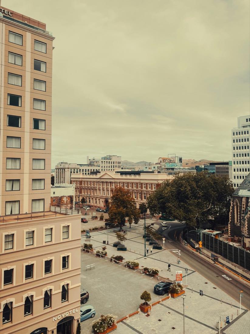 Central Christchurch cityscape looking toward the Port Hills